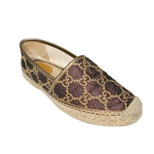 Gucci GG Logo Lamé Canvas Espadrilles Brown Bronze Metallic Logo Flats 37.5